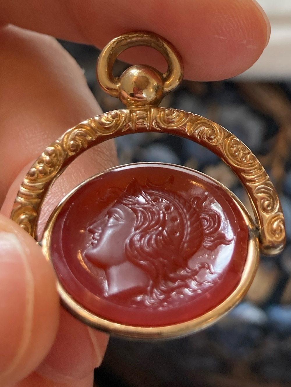 Antique Victorian Goddess Selene Carnelian Glass GF Spinner Charm Pendant